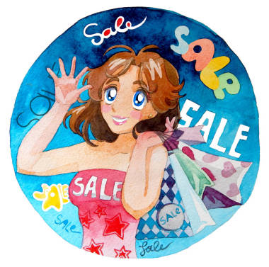 水彩動漫女孩與包銷售，水彩插圖，手工制作