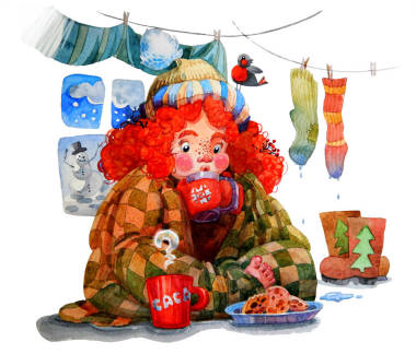 小搞笑紅頭發(fā)的女孩，放松和喝可可，坐在家里后，冬天散步和游戲，包裹在毛毯