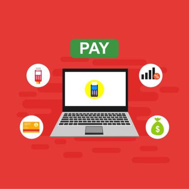 电脑矢量图上的在线支付，平面卡通大付单税通过信用卡和笔记本电脑概念，财务会计，电子支付通知与数字收据 - 矢量