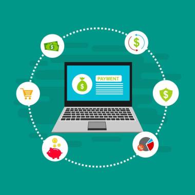 电脑矢量图上的在线支付，平面卡通大付单税通过信用卡和笔记本电脑概念，财务会计，电子支付通知与数字收据 - 矢量