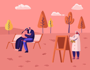 秋季户外业余时间在公共城市公园。爱夫妇坐在长凳上拥抱和交谈对方，女画家画在画布上。卡通平面矢量插图