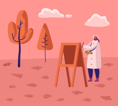 年輕女藝術(shù)家穿著溫暖的外套在城市公園的普萊因空氣工作在秋天繪畫在美麗的風(fēng)景背景的畫架。風(fēng)景繪圖創(chuàng)意愛好工作卡通平面矢量插圖