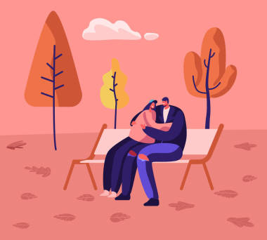 浪漫关系，秋天的散步在一起。爱快乐夫妇在秋天的天气，手牵手坐在城市公园的长凳上。爱男人女人约会。卡通平面矢量插图