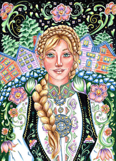 挪威 斯堪的納維亞婦女在傳統(tǒng)禮服與民族背景裝飾和房屋插圖