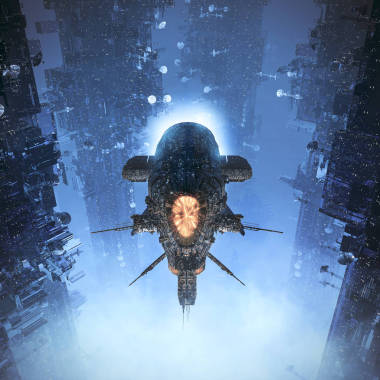 巡航郊區(qū)/科幻重型裝甲戰(zhàn)斗巡洋艦太空船在未來城市上空飛行的3D插圖