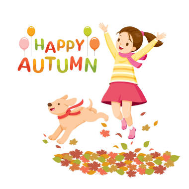 快乐的女孩跳跃和举手与狗在秋天