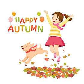 快乐的女孩跳跃和举手与狗在秋天