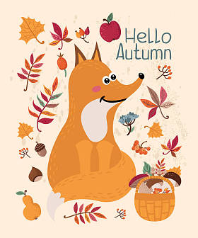 秋天卡与狐狸和叶子