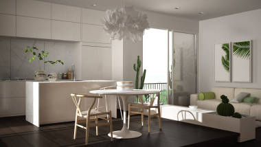 生態(tài)綠色室內(nèi)設(shè)計，白色和灰色客廳與陽臺，廚房與餐桌，多汁盆栽植物，鑲木地板，窗戶，全景陽臺?？沙掷m(xù)建筑