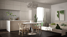 生态绿色室内设计，白色和灰色客厅与阳台，厨房与餐桌，多汁盆栽植物，镶木地板，窗户，全景阳台。可持续建筑