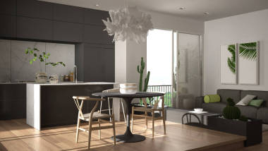 生態(tài)綠色室內(nèi)設(shè)計，白色和灰色客廳與陽臺，廚房與餐桌，多汁盆栽植物，鑲木地板，窗戶，全景陽臺?？沙掷m(xù)建筑