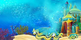 卡通水下海洋或海洋场景与城堡 - 儿童插图