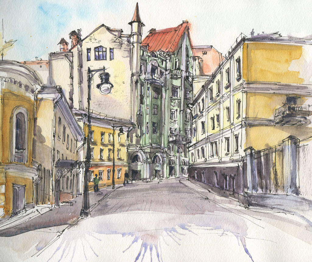 城市景观。墨水素描和水彩画。手绘插画
