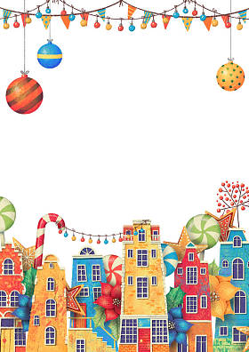 长方形圣诞框架的卡或邀请与房子，庞塞提亚，棒棒糖，糖果，花环，球，浆果