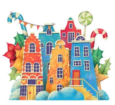 城市街道与房子， 庞塞提亚， 糖果， 姜饼和雪