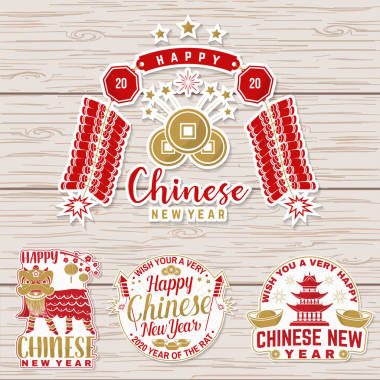 一套快樂中國新年貼紙?jiān)O(shè)計(jì)。向量。中國新年補(bǔ)丁或賀卡