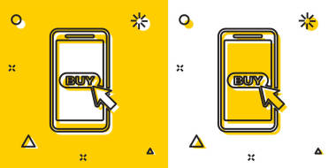 黑色手机和购物车图标隔离在黄色和白色背景。网上购买符号。超市购物篮符号。随机动态形状。矢量插图