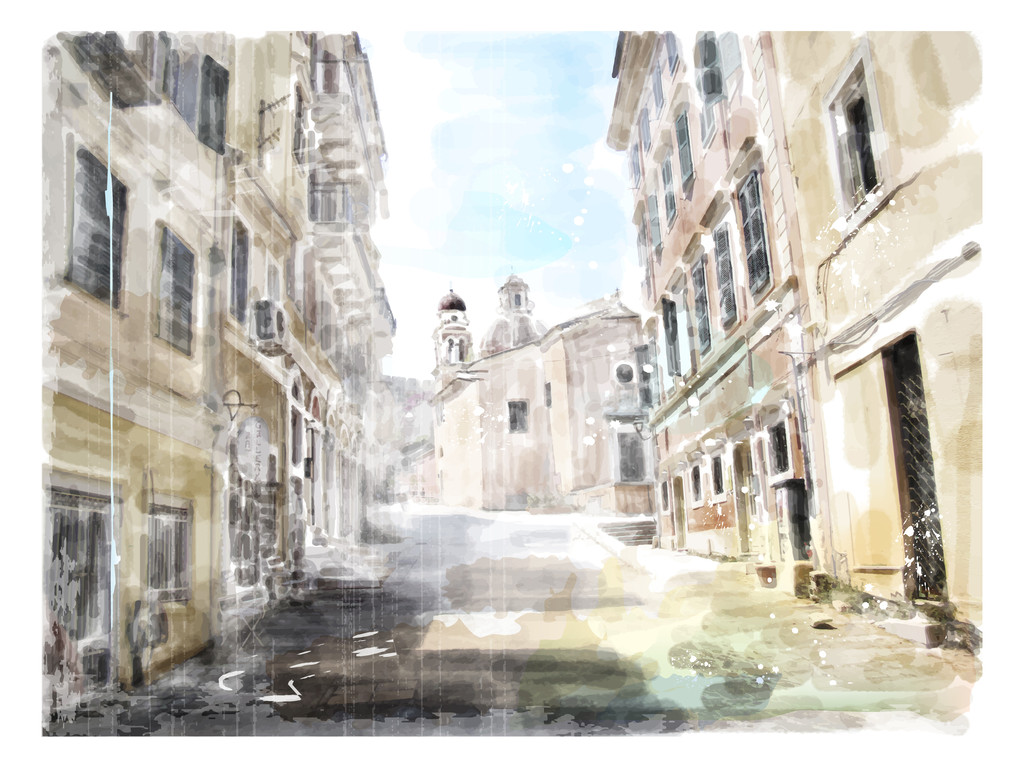 通往教堂的古代道路的例证。watercol