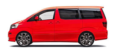 红色小型面包车，用于运送人员。光面灰色背景上的三维插图。3d 渲染