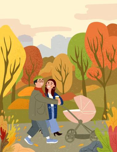 快樂的一家人帶著孩子在秋天的城市公園散步