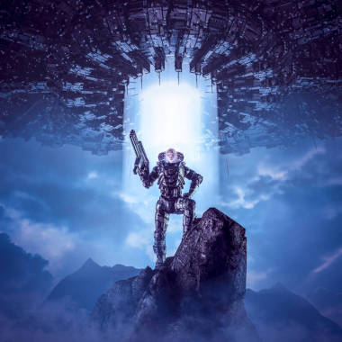 ?新黎明的女儿们》/ 3D科幻场景展示了女军事宇航员和巨大的外星飞船在山顶上