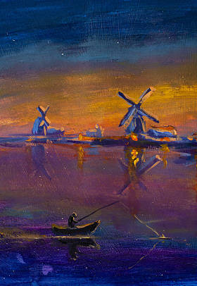 Evening fishing in the background of an old traditional village windmill and water mill -- oil on canvas in acrylic