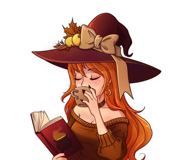年輕的女巫正在喝咖啡和看書手繪插圖兒童游戲