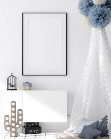 模仿兒童臥室內(nèi)部背景的海報(bào)，斯堪的納維亞風(fēng)格，3D渲染