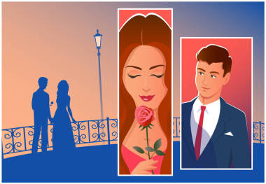 美丽的夫妇在夜城。 远方情人的轮廓。 另外，一个男人的特写和一个女人的玫瑰礼物。 漫画书中的爱情图解