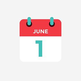 六月一日的平面图标日历. 日期，日期和月份。 矢量说明