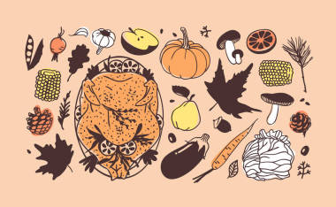 手工畫的秋假插圖. 創(chuàng)意油墨的藝術(shù)作品。 實(shí)際矢量繪圖。 感恩節(jié)：食物、飲料、物