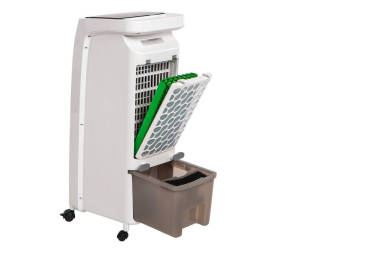 空氣凈化器的特寫. 用白色底座上的輪子沖洗空氣. 可替換的過濾器。 空氣凈化器的替換彈藥筒。 家用電器配件的銷售