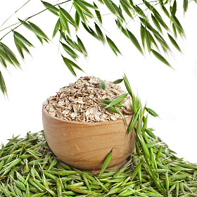 木碗燕麦种子关闭了孤立在白色背景上的帧