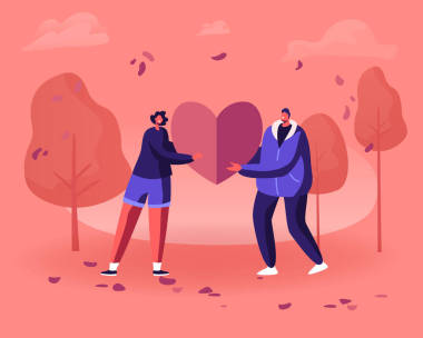 相愛的夫妻彼此分享著巨大的紅心。 人際關(guān)系，愛情，浪漫約會(huì)。 青年男女