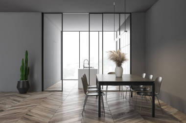 灰色餐廳和廚房側(cè)視圖照片