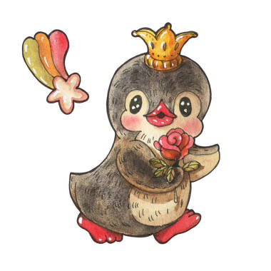 冬天的插圖有趣的卡通企鵝在皇冠孤立在一個(gè)白色的背景用水彩和墨水作畫