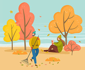 Men Sweeping in the Park in Autumn, Girls Reading books