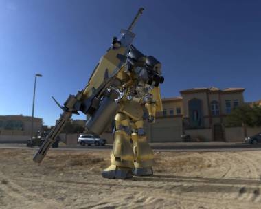 科幻的麦奇士兵站在风景背景上。军事未来机器人与绿色和灰色金属。由飞行员控制的梅奇划伤的金属盔甲机器人。梅奇之战3d 渲染