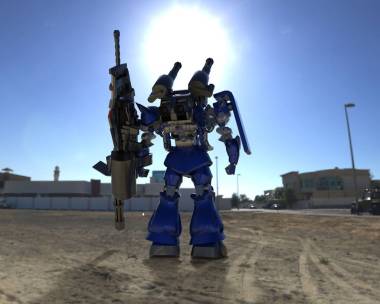 科幻的麥奇士兵站在風景背景上。軍事未來機器人與綠色和灰色金屬。由飛行員控制的梅奇劃傷的金屬盔甲機器人。梅奇之戰(zhàn)3d 渲染