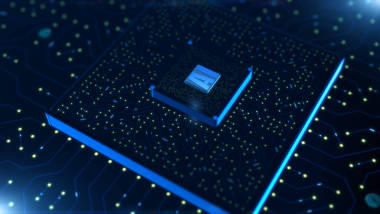 計算機芯片在電路背景上的數(shù)字三維渲染 