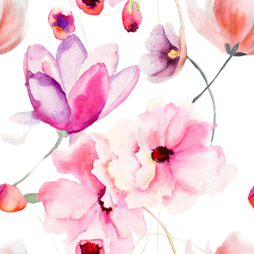 水彩无缝模式与粉色的花图片