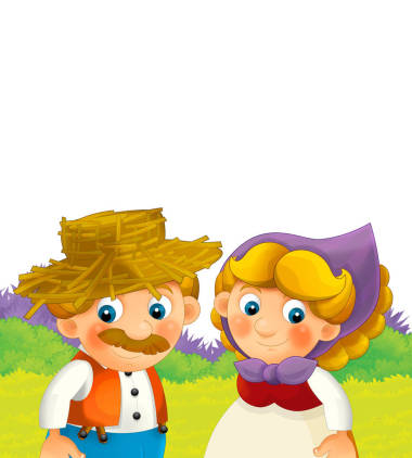 卡通快乐农场场景-农场夫妇在白人背景下快乐-儿童图解