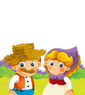 卡通快乐农场场景-农场夫妇在白人背景下快乐-儿童图解