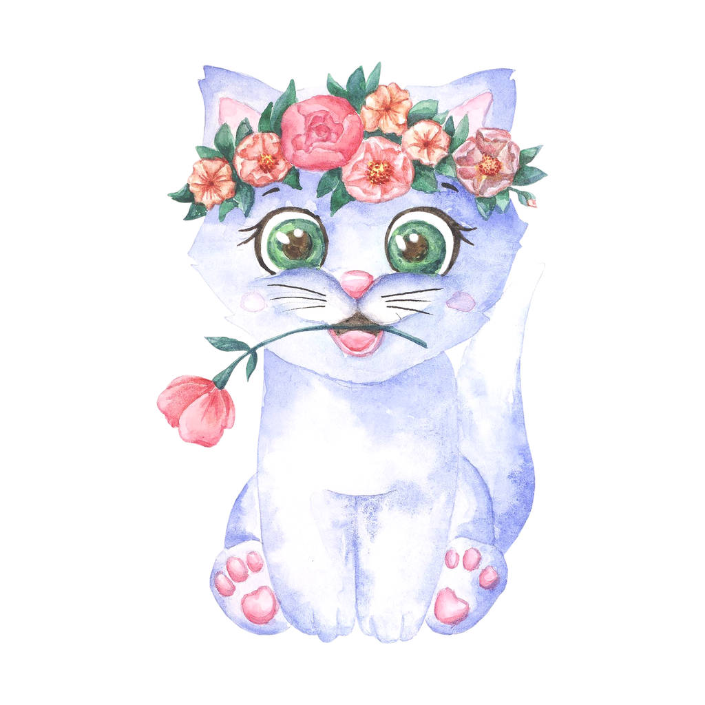 水彩画可爱的猫,戴着花环,嘴里衔着花. 水彩画猫图解。 T恤打印。 问候卡。 海报小猫咪.  水彩画可爱的猫,戴着花环,嘴里衔着花. 水彩画猫图解。 T恤打印。 问候卡。 海报小猫咪.