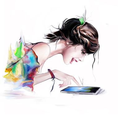 使用智能手機(jī)的觸摸屏的黑發(fā)女孩