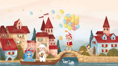 金钥匙，马维娜，皮耶罗，皮诺曹，船，城市，童话城，房子，街道，码头，气球，假日，乐趣，人物，童话，背景，书籍，设计，房间，插图，托儿所，儿童，海报，儿童，男孩，女孩