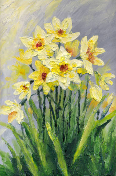 油画。 花园里的黄水仙