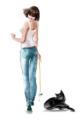 时尚女孩和她的猫一起玩图片