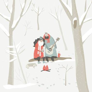 男孩在冬天森林里為一個女孩彈奏吉他