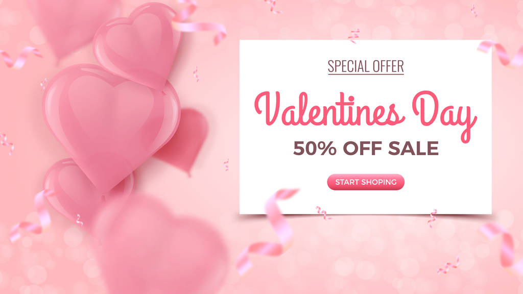 情人节特价,半价优惠. 白色框架、粉色飘落的缎带和玫瑰色心形气球 情人节特价,半价优惠. 白色框架、粉色飘落的缎带和玫瑰色心形气球